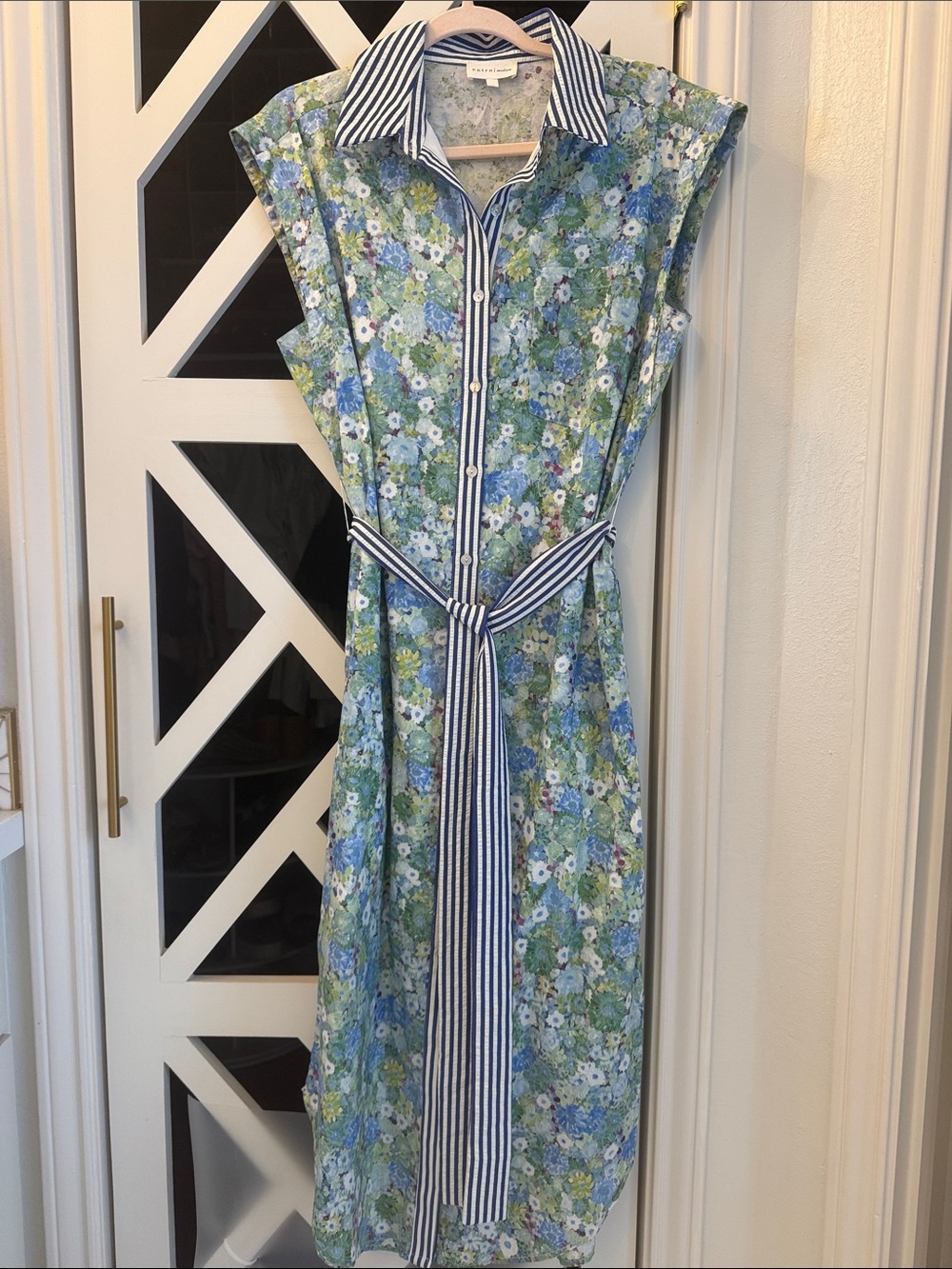 eStriped-Collar Floral Shirt Dress in Blue and Green